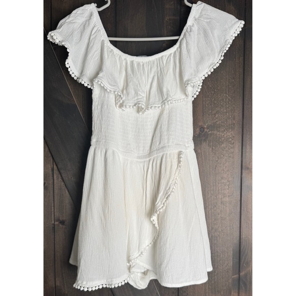 J for Justify Dresses & Skirts - J for Justify White Romper Mini Dress Ruffle Off Shoulder‎ Pom Pom Trim Small